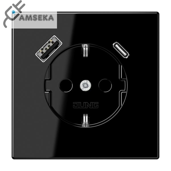 Kištukinis lizdas su įžeminimu ir USB, juodas JUNG LS990