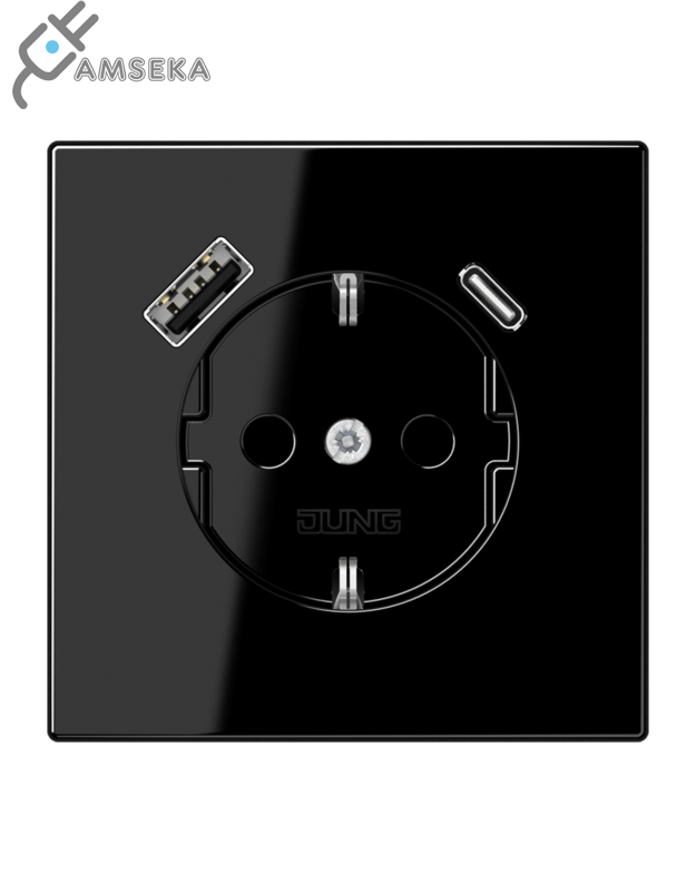 Kištukinis lizdas su įžeminimu ir USB, juodas JUNG LS990