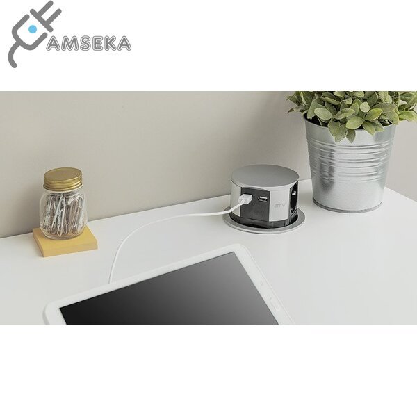 Įleidžiamas lizdas GTV 220V + 2*USB, apvalus, sidabrinis 2