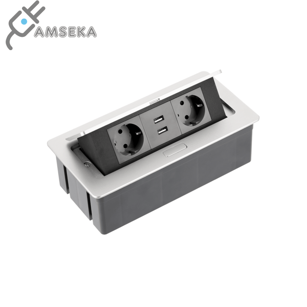 Įleidžiamas lizdų blokas GTV 2x220V+ 2xUSB, aliuminio spalvos  