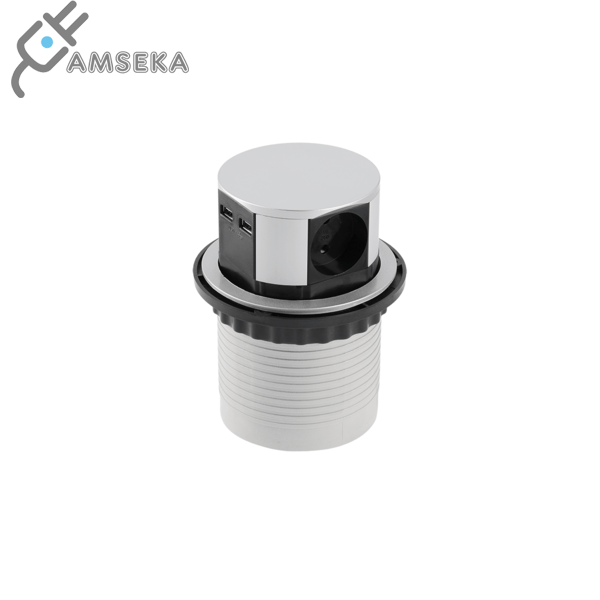 Įleidžiamas lizdas GTV 220V + 2*USB, apvalus, sidabrinis