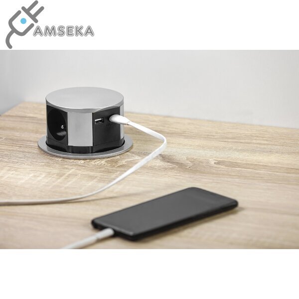 Įleidžiamas lizdas GTV 220V + 2*USB, apvalus, sidabrinis 1