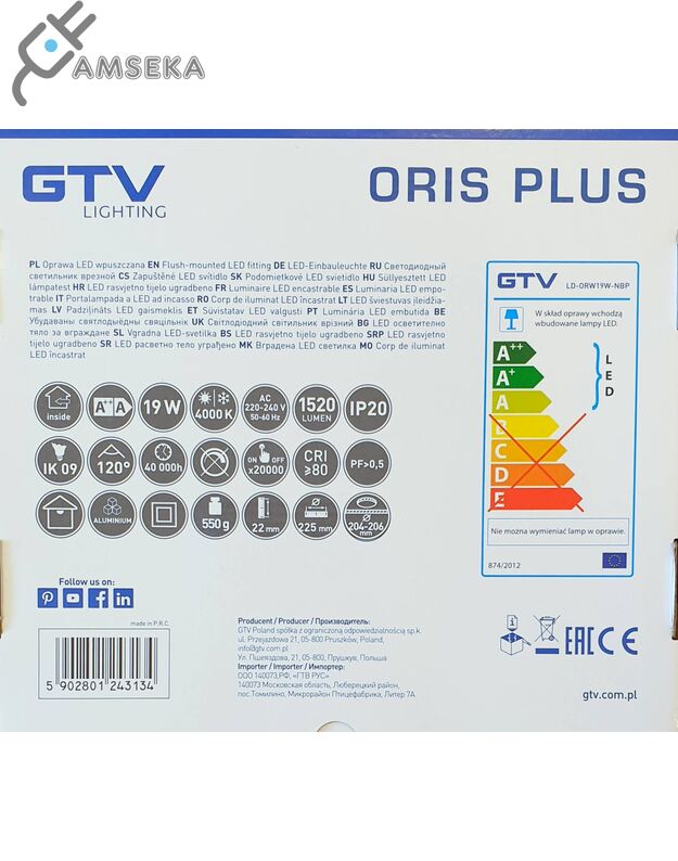19w LED panelė GTV ORIS PLUS. 4000K