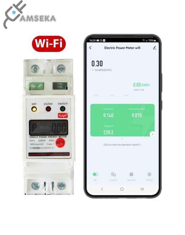 Wi-Fi Vienfazis elektros skaitiklis su įjungimu/išjungimu. iOS, Android App TUYA | 50A | DIN