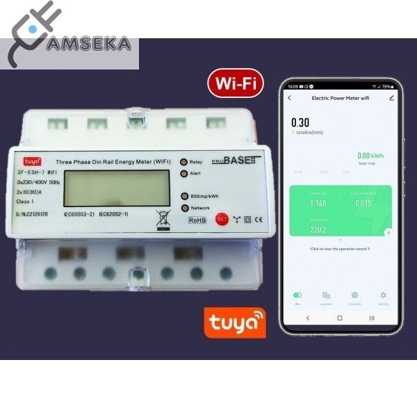 Wi-Fi Trifazis elektros skaitiklis su įjungimu/išjungimu. iOS, Android App TUYA | 80A | 7 DIN