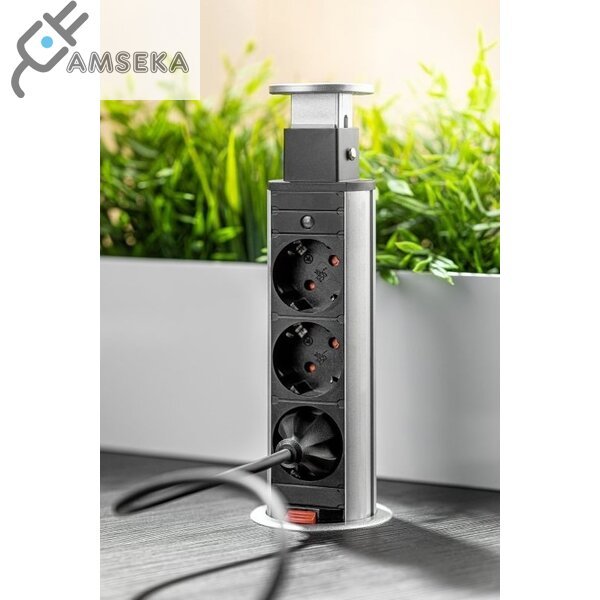 Įmontuojamas baldinis kištukinis lizdas GTV, 3 lizdai, sidabrinės spalvos  2