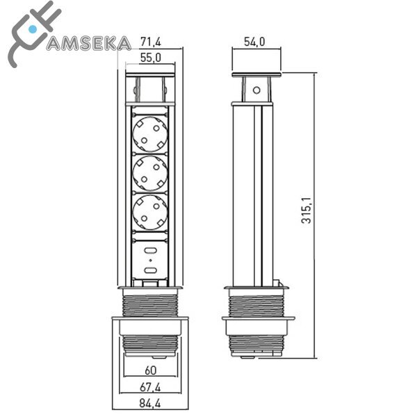 Įmontuojamas baldinis kištukinis lizdas GTV, 3 lizdai, 2xUSB, sidabrinės spalvos  1