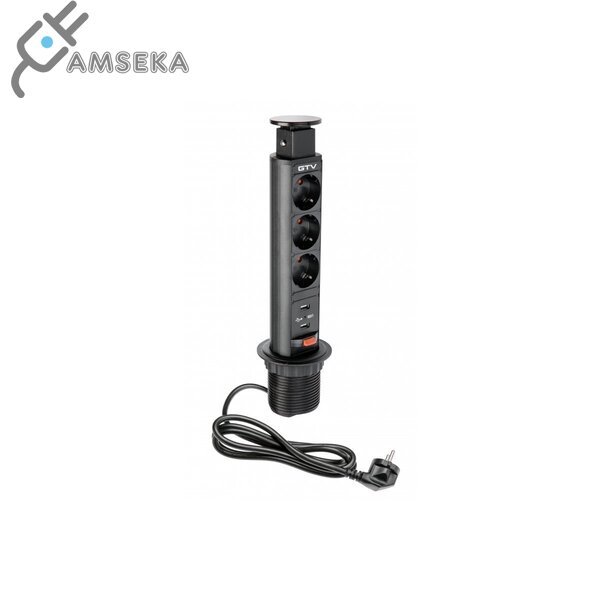 Įmontuojamas baldinis kištukinis lizdas GTV, 3 lizdai, 2xUSB, juodos spalvos 