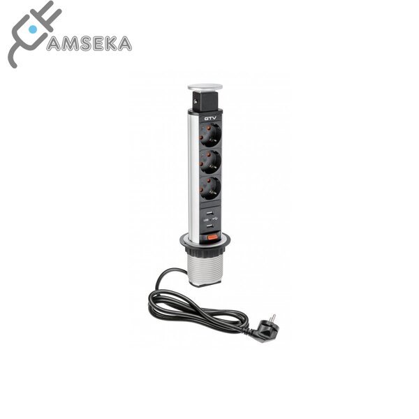 Įmontuojamas baldinis kištukinis lizdas GTV, 3 lizdai, 2xUSB, sidabrinės spalvos 