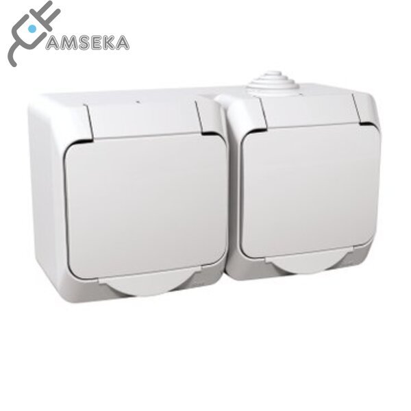 Dvivietis kištukinis lizdas Schneider Cedar Plus, su įžem., IP44, baltos spalvos