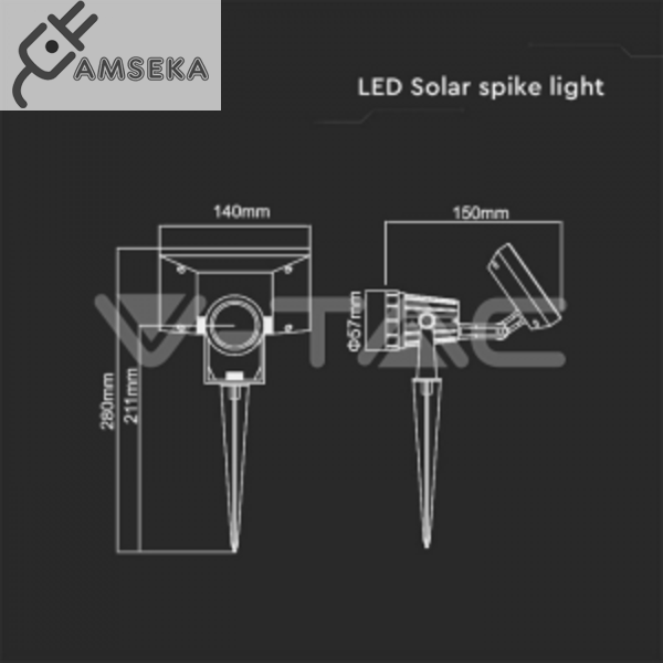 2W įsmeigiamas šviestuvas, su saulės baterija, V-TAC juodos spalvos IP65 1
