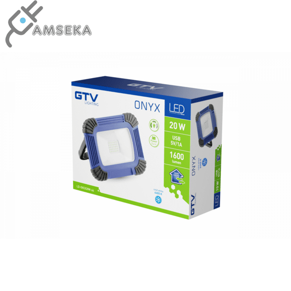 20W LED prožektorius GTV ONYX, su pakraunamu maitinimo šaltiniu